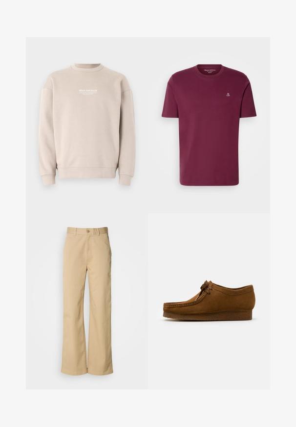 Beige sweatshirt lavet af blødt stof med rund hals. Har et hvidt tekstlogo på brystet samt ribbede manchetter og nederkant.; Bordeaux bomulds t-shirt med rund hals, korte ærmer og et lille hvidt "M OP" logo på brystet. Glat tekstur og almindelig pasform.; Beige, vidde bukser lavet af en bomuldsblanding. Har en knaplukning og bæltestropper. Glat tekstur med minimale syninger.; Brune ruskind sko med rund tå og lav hæl, detaljeret syning langs sømmene og snørelukning fortil. Blød tekstur med strømlinet design.