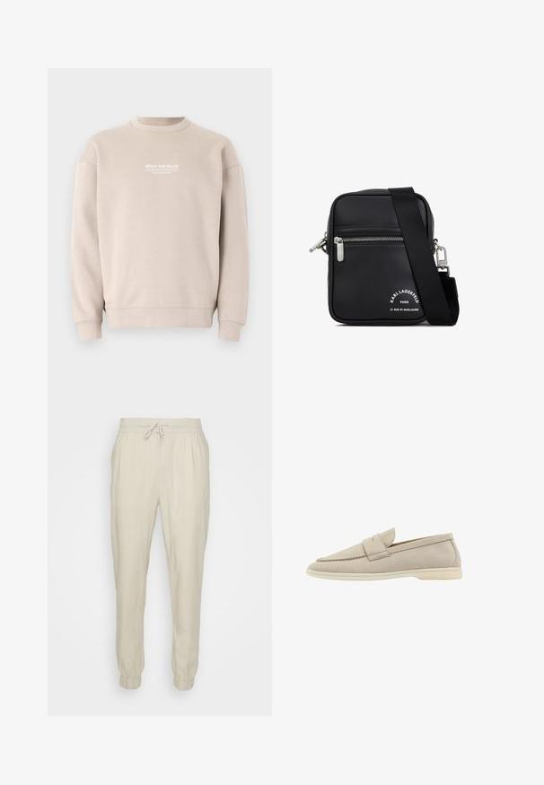 Beige sweatshirt lavet af blødt stof med rund hals. Har et hvidt tekstlogo på brystet samt ribbede manchetter og nederkant.; Beige linned joggers med elastisk talje og justerbar snøre, med elastiske manchetter og en afslappet pasform. Glat tekstur.; Beige ruskind slip-on sko med rund tå, frontaccentbånd og en let gummisål. Glat tekstur og minimalistisk design.; Sort læder crossbody taske med sølvhardware, en lynlåslomme, en tekstureret overflade og fremtrædende hvid branding på forsiden.