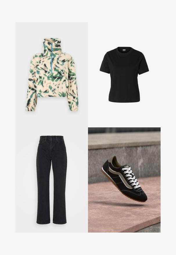 Pull polaire avec col montant et demi-fermeture éclair en crème, présentant des motifs abstraits verts, noirs et marron. Surface douce et texturée.; T-shirt noir à manches courtes avec col rond, coupe droite et une étiquette indiquant "Urban Classics" à l'intérieur du col.; Jean noir taille haute, coupe droite, avec poches avant et passants de ceinture sur fond blanc.; Baskets noires et beiges avec lacets blancs et semelle en gomme, en suspension au-dessus d'une surface en pierre et d'un mur en béton gris.