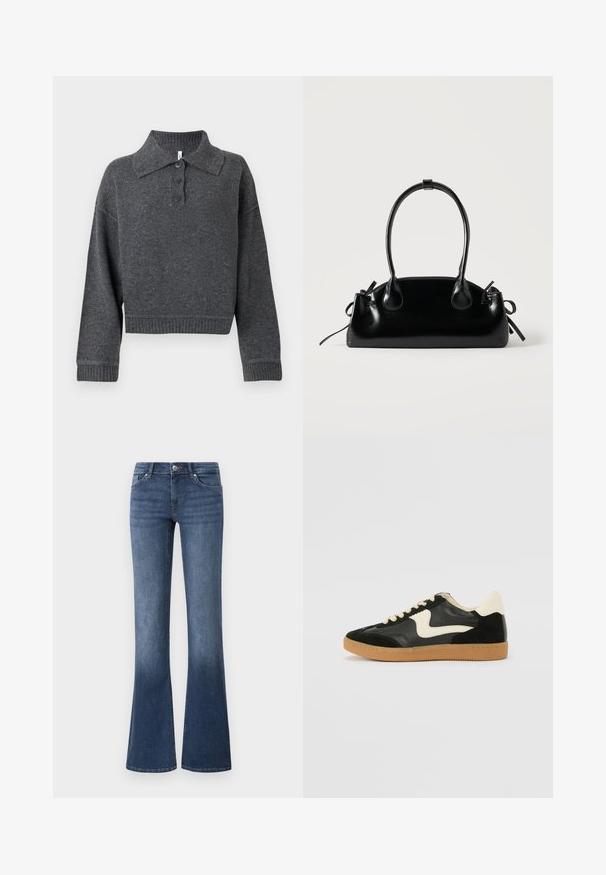Pull en maille gris foncé avec un col à revers, trois boutons, et des poignets et un ourlet côtelés. Présente une silhouette courte et une texture douce.; Jeans évasés en denim de couleur bleue, avec un lavage moyen, cinq poches et une fermeture éclair avec un bouton. Texture lisse.; Baskets en daim et cuir noir avec un swoosh latéral crème et un talon crème clair. Dotées de lacets beige et d'une semelle en caoutchouc gomme.; Petit sac à main noir brillant avec deux longues anses et des détails à cordon sur les côtés sur un fond clair uni.