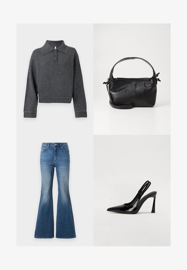 Pull en maille gris foncé avec un col à revers, trois boutons, et des poignets et un ourlet côtelés. Présente une silhouette courte et une texture douce.; Jean en denim bleu taille haute, évasés, avec un effet délavé, comportant deux poches avant, une fermeture à bouton, et des détails cousus sur les coutures.; Escarpin en cuir verni noir à talon aiguille, à bout pointu, avec une sangle élastique double pour un maintien sécurisé. Surface lisse et brillante.; Sac à main en cuir noir au design structuré, avec une poignée arrondie et une bandoulière amovible. Présente une texture lisse et un éclat subtil.