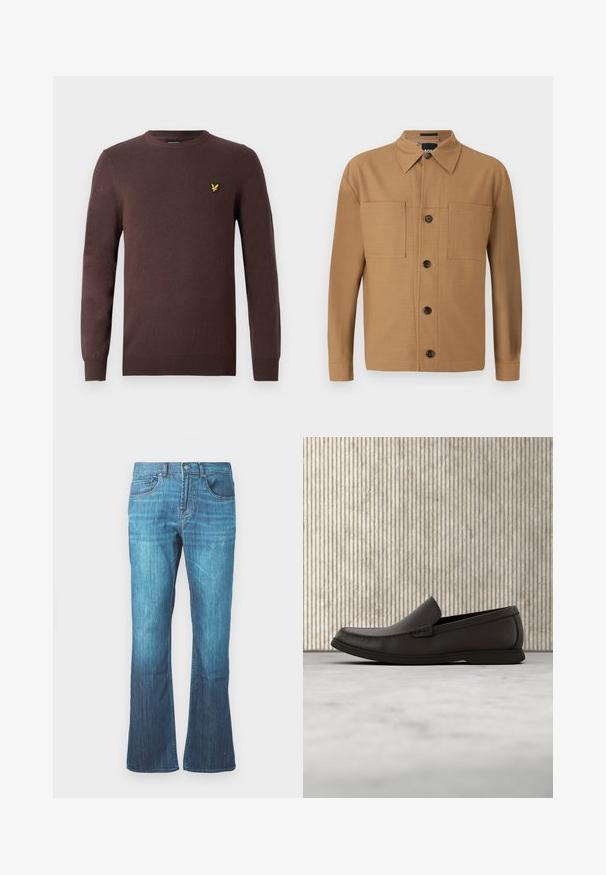 Bruine trui gemaakt van zachte gebreide stof, met een ronde halslijn en lange mouwen. Borduurwerk van een gele vogel op de borst als accent.; BOSS CRAIG - Overhemd - medium beige; Mid-blue gewassen denim jeans met een lichte flare aan de onderkant, klassieke vijf-pocket ontwerp, en een sluiting met knoop en rits aan de voorkant.; Donkerbruine leren instappers met een ronde neus, subtiele stikdetails en een lage rubberen zool. Gladde textuur met een flexibele pasvorm.