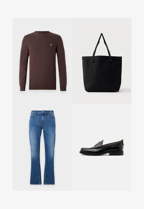 Pull marron en tissu tricoté doux, avec un col rond et des manches longues. Accent brodé d'un oiseau jaune sur la poitrine.; Jeans en denim évasés de couleur bleu moyen. Comprend un design à cinq poches, des accents brodés, une fermeture à bouton et une texture légèrement décolorée sur les jambes.; Mocassin homme en cuir noir avec couture moc toe, bride penny, col texturé et petit talon empilé sur fond blanc.; Sac fourre-tout en toile noire avec deux bandoulières et un motif circulaire discret en relief sur le devant.