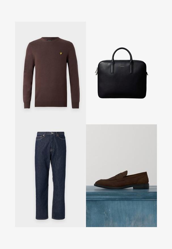 Pull marron en tissu tricoté doux, avec un col rond et des manches longues. Accent brodé d'un oiseau jaune sur la poitrine.; Jean en denim bleu foncé avec une coupe droite. Comprend une fermeture à bouton et à fermeture éclair, cinq poches et des détails de surpiqure contrastants.; Mocassins en daim marron à texture lisse, avec un petit talon et une lanière décorative prononcée sur le devant. Semelle en caoutchouc noire.; Porte-documents en cuir noir avec double poignée, forme rectangulaire, et tirettes de fermeture éclair argentées, avec un petit logo embossé au centre.