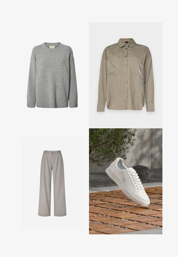 Grijze gebreide trui met een ronde halslijn, aflopende schouders en een geribbelde zoom. Zachtere textuur met een uniform patroon en geen zichtbare hardware.; Olijfgroene blouse met lange mouwen, gemaakt van een gladde, lichtgewicht stof. Voorzien van een knoopsluiting aan de voorkant, een puntige kraag en twee bor pockets.; Wijde broek in lichtgrijze stof met een op maat gemaakt ontwerp, voorzien van plooien aan de voorkant, een taille op middenhoogte en zonder zichtbare versieringen.; Witte lage sneaker met veters en Calvin Klein-logo aan de zijkant, zwevend boven een betegeld houten oppervlak buiten in de buurt van groen.
