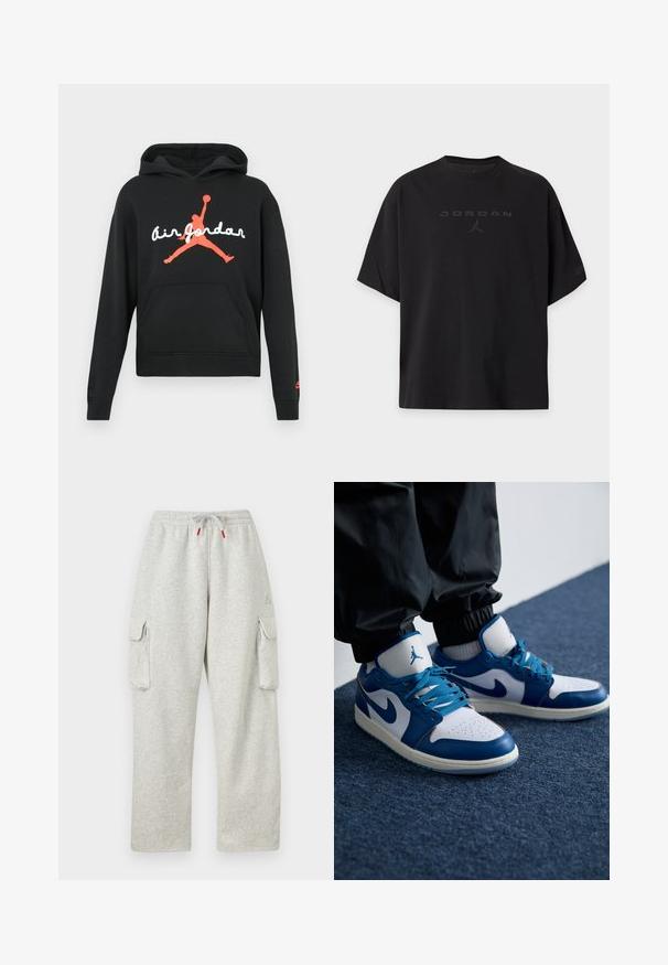 Sweat à capuche noir avec une poche avant, arborant un grand logo "Air Jordan" rouge et blanc ainsi qu'une silhouette rouge d'un joueur de basketball.; T-shirt Jordan noir à manches courtes avec un logo noir embossé subtil et une silhouette Jumpman centrée sur la poitrine.; Pantalon de survêtement gris clair avec taille élastique, cordon avec embouts rouges et grandes poches à rabat sur les deux cuisses.; Les baskets Nike Air Jordan présentent une base en cuir blanc avec des accents en synthétique bleu, une boîte à orteils perforée et des lacets bleus.