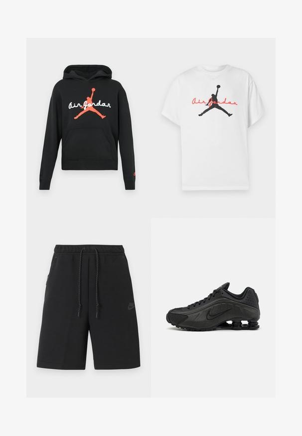 Sweat à capuche noir avec une poche avant, arborant un grand logo "Air Jordan" rouge et blanc ainsi qu'une silhouette rouge d'un joueur de basketball.; T-shirt en coton blanc avec une silhouette noire d'un joueur de basket-ball et le texte rouge « Air Jordan » sur la poitrine. Manches courtes, coupe classique.; Shorts de sport noirs Nike avec taille élastique, cordon de serrage, poches latérales et logo discret sur la cuisse gauche.; Baskets de course noires avec une tige en synthétique lisse, des accents perforés, des panneaux latéraux texturés et une semelle distincte et rebondissante.