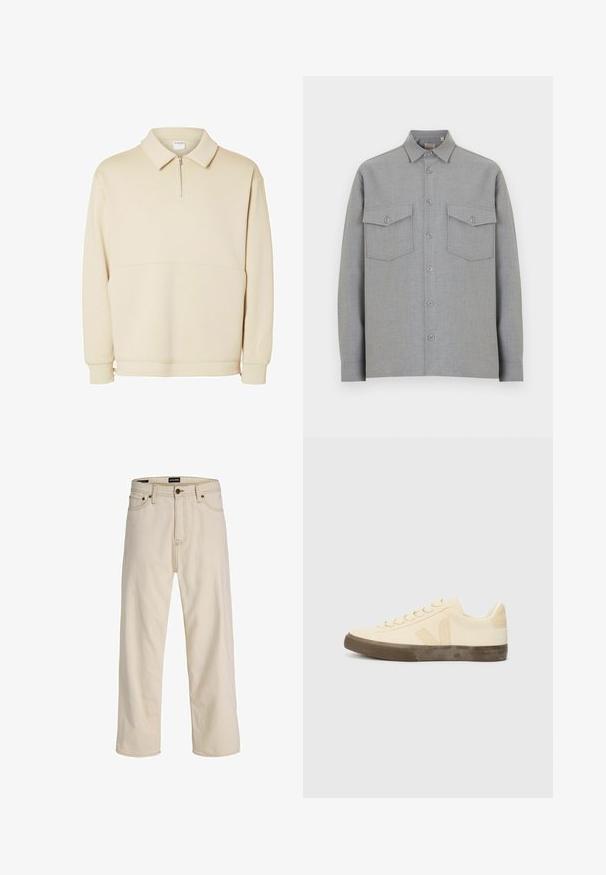 Beige pullover sweatshirts lavet af blødt stof, med lynlås i halsen, krave og en afslappet pasform med en simpel vandret sømdetalje.; Lyst grå langærmet skjorte med knapper, spids krave og to forreste klaplommer med knapper.; Beige jeans med lige ben, fem lommer, knap- og lynlås lukning, bæltestropper og kontrastsyning fra Jack & Jones.; Beige lærredssko med rund tå, flade snørebånd og struktureret brun gummisål. Har et logo på siden og et minimalistisk design.