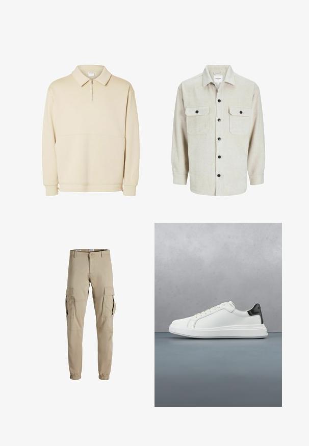 Beiger Pullover-Sweatshirt aus weichem Stoff mit einem Reißverschluss am Hals, einem Kragen und einem lässigen Schnitt mit einfachen horizontalen Nahtdetails.; Beige Flanellhemd mit Kragen, das über zwei Brusttaschen, schwarzen Knöpfen und langen Ärmeln mit geknöpften Manschetten verfügt.; Beige Cargo-Hosen aus leichten Stoff, mit mehreren Seitentaschen, elastischen Bündchen und einem normalen Bund. Einheitlicher Stoff über die gesamte Hose.; Weiße Sneaker mit einem glatten Obermaterial aus Leder und einem kontrastierenden schwarzen Fersenakzent. Ausgestattet mit flachen Schnürsenkeln und einer strukturierten Gummisohle.