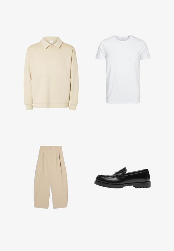 Beige pullover sweatshirt gemaakt van zachte stof, met een ritssluiting bij de hals, een kraag en een ontspannen pasvorm met een eenvoudig horizontaal naaddetail.; Ronde hals kortemouwen t-shirt in effen wit, gemaakt van zachte katoen, heeft een eenvoudig ontwerp zonder zichtbare patronen of accenten.; Beige hoge taille wijde broek met plooien, riemlussen, knoopsluiting en een verborgen ritssluiting aan de voorkant.; Zwarte leren loafer met een dikke rubberen zool en klassieke penny-strap details, gezien vanaf de buitenkant.