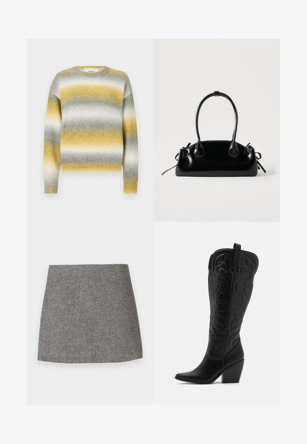 Strikket sweater med vandrette striber i gul, grå og hvid. Rund halsudskæring, ribbede ærmer og blødt, struktureret stof.; Skørt med sildebensmønster i gråt stof, med en tætsiddende silhuet, glat tekstur og en ren, lige kant.; Sorte knæhøje støvler i læder med spids snude og lagdelt hæl. Har dekorative syninger og buede designelementer.; Lille sort blank håndtaske med to lange håndtag og snøre-detaljer i siden på en ensfarvet lys baggrund.