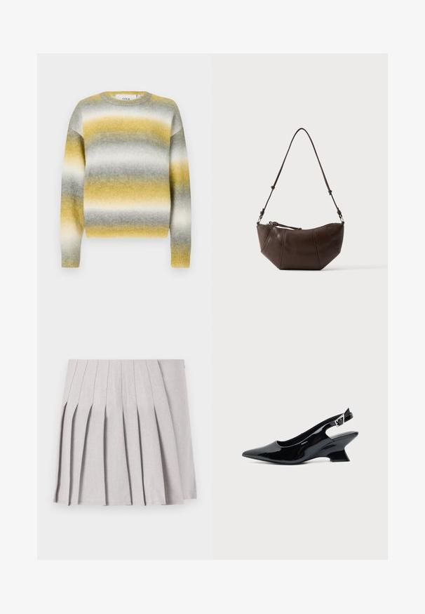 Strikket sweater med vandrette striber i gul, grå og hvid. Rund halsudskæring, ribbede ærmer og blødt, struktureret stof.; Grå plisseret nederdel med en glat tekstur, der har flere lodrette folder og en tætsiddende talje. Fremstillet af letvægtsstof.; Sort laklæder slingback sko med spids tå og lav vinklet blokhæl på ensartet lys baggrund.; Brun læder skuldertaske med buet bund og justerbar rem mod en ensfarvet lys baggrund.