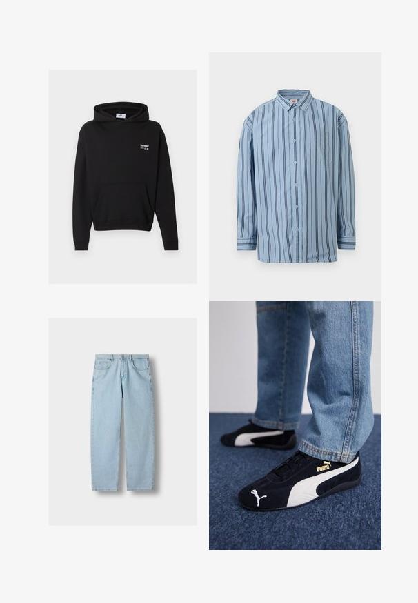 Sweat à capuche noir avec poche avant et logo blanc « bareen » sur la poitrine, présenté sur un fond gris.; Chemise bleu clair à manches longues avec des rayures verticales noires et une poche poitrine frontale.; Jean en denim bleu clair à jambe droite avec poches avant, passants de ceinture et fermeture à bouton sur un fond gris.; Baskets en daim noir avec accents blancs, arborant un logo doré. Portées avec un jean en denim bleu clair et posées sur une surface bleue texturée.