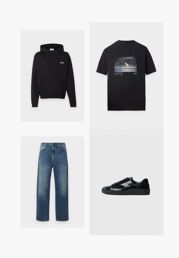 Sweat à capuche noir avec poche avant et logo blanc « bareen » sur la poitrine, présenté sur un fond gris.; T-shirt noir avec une photo du tableau de bord d'une voiture présentant une petite figurine de chien, et un texte manuscrit indiquant "Just get lucky" et "Clawed."; Jean bleu droit avec des zones décolorées sur les cuisses, style cinq poches, fermeture par bouton et fermeture éclair.; Baskets en cuir verni noir avec un bout arrondi, un laçage, une semelle en caoutchouc texturé et une finition lisse.