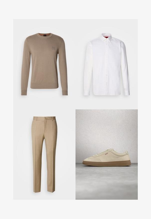 Beige crewneck trui voor heren met lange mouwen, geribbelde manchetten en zoom, voorzien van een klein vierkant logopatched op de borst.; Witte overhemd met lange mouwen van katoen, met een klassieke kraag, een voorkant met knopen en een gladde textuur. Rode details aan de binnenkant van de kraag.; Beige op maat gemaakte broek met een gestructureerde stof, een vlak voorkant en rechte pijpen. Voorzien van zijzakken en riemlussen, voor een verzorgde uitstraling.; Lichtbeige suède sneaker met een zool van gumrubber, opvallende veters en subtiele stikdetails. Strak ontwerp met een minimalistische uitstraling.