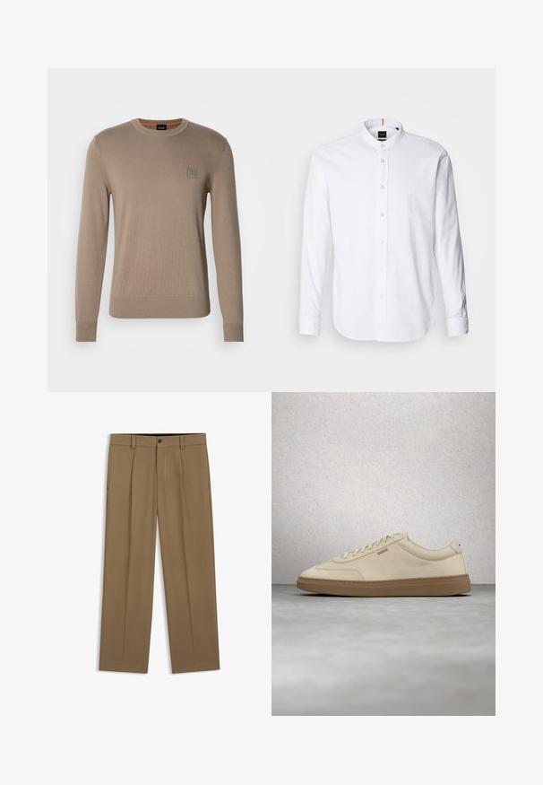 Beige crewneck trui voor heren met lange mouwen, geribbelde manchetten en zoom, voorzien van een klein vierkant logopatched op de borst.; Witte lange mouwen shirt met een bandkraag, knoopsluiting aan de voorkant en afgeronde zoom. Gemaakt van katoen, met een gladde textuur en subtiele glans.; Bruine rechte broek met riemlussen, knoop aan de voorkant en ritssluiting, plat liggend op een witte achtergrond.; Lichtbeige suède sneaker met een zool van gumrubber, opvallende veters en subtiele stikdetails. Strak ontwerp met een minimalistische uitstraling.