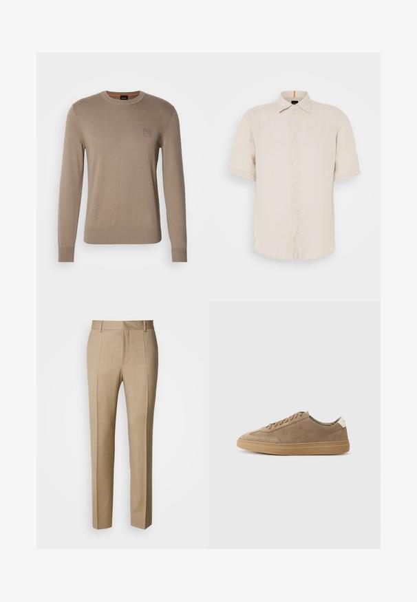 Beige crewneck trui voor heren met lange mouwen, geribbelde manchetten en zoom, voorzien van een klein vierkant logopatched op de borst.; Korte mouwen shirt in lichtbeige linnen met een button-down kraag, knopen aan de voorkant en een rechte zoom. Bevat een subtiele textuur.; Beige op maat gemaakte broek met een gestructureerde stof, een vlak voorkant en rechte pijpen. Voorzien van zijzakken en riemlussen, voor een verzorgde uitstraling.; Suède sneakers in lichtbruin met een rubberen zool. Voorzien van een vetersluiting en een minimalistische stijl, geaccentueerd door een witte hieltab.
