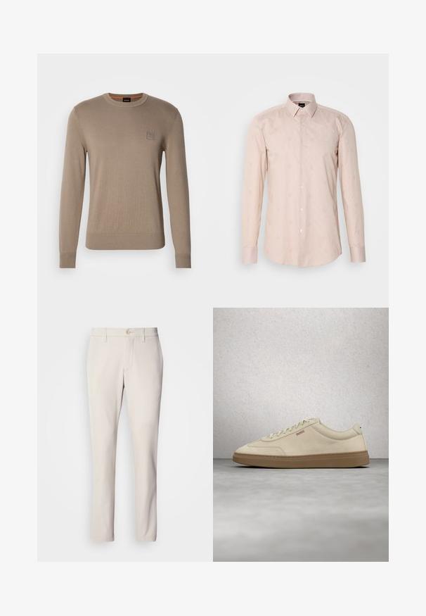 Herrebeige crewneck sweater med lange ærmer, ribbede manchetter og kant, med et lille firkantet logo på brystet.; Lys pink langærmet skjorte med en knap-ned krave, subtil stribet mønster og broderede cirkulære motiver.; Beige bukser med slim fit, der har en frontknaplukning, flad frontdesign og lige ben, lavet af glat bomuldsblandingsstof.; Lyse beige ruskindssneaker med gummisål i farven gum, tydelige snørebånd og fine syningsdetaljer. Ren design med et minimalistisk æstetisk udtryk.