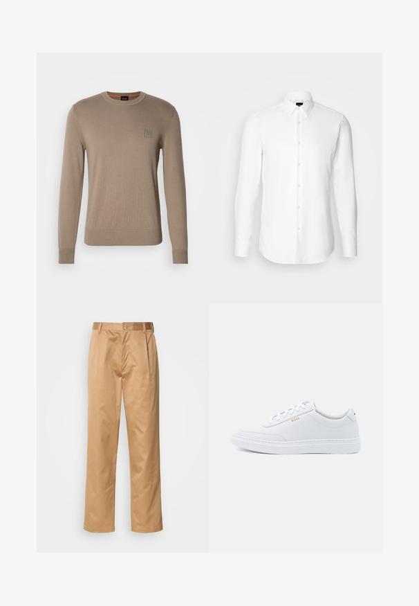 Beige crewneck trui voor heren met lange mouwen, geribbelde manchetten en zoom, voorzien van een klein vierkant logopatched op de borst.; Witte blouse met lange mouwen, knoopsluiting aan de voorkant, klassieke kraag, gemaakt van gladde stof met een subtiele textuur, ontworpen voor een aansluitende pasvorm.; Khaki broek, katoenmix, recht model, voorplooien, riemlussen en knoopsluiting. Gladde textuur zonder patronen.; Witte leren sneakers met een gladde textuur, ronde neus en tonale stiksels. Voorzien van blauwe veters en een gouden logo op de zijkant.
