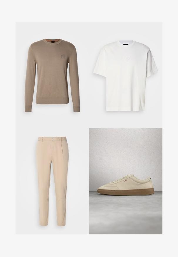 Herrebeige crewneck sweater med lange ærmer, ribbede manchetter og kant, med et lille firkantet logo på brystet.; Hvid bomulds T-shirt med rund hals, korte ærmer og præget cirkulært logo på venstre bryst. Glat tekstur og normale pasform.; Beige bukser med en slim fit, lavet af vævet materiale. Har en enkelt knaplukning, plisseret front og lige ben.; Lyse beige ruskindssneaker med gummisål i farven gum, tydelige snørebånd og fine syningsdetaljer. Ren design med et minimalistisk æstetisk udtryk.