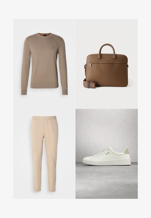 Beige crewneck trui voor heren met lange mouwen, geribbelde manchetten en zoom, voorzien van een klein vierkant logopatched op de borst.; Beige broek met een slim fit, gemaakt van geweven materiaal. Voorzien van een enkele knoopsluiting, geplooide voorkant en rechte pijpen.; Witte lage sneaker met veters en beige hielstuk, met het merk "HUGO", zwevend boven een gepolijste betonnen vloer in de buurt van een wand van glasblokken.; Bruine leren aktetas met bovenhandvatten, voorvak met ritssluiting en afneembare bijpassende schouderriem op witte achtergrond.