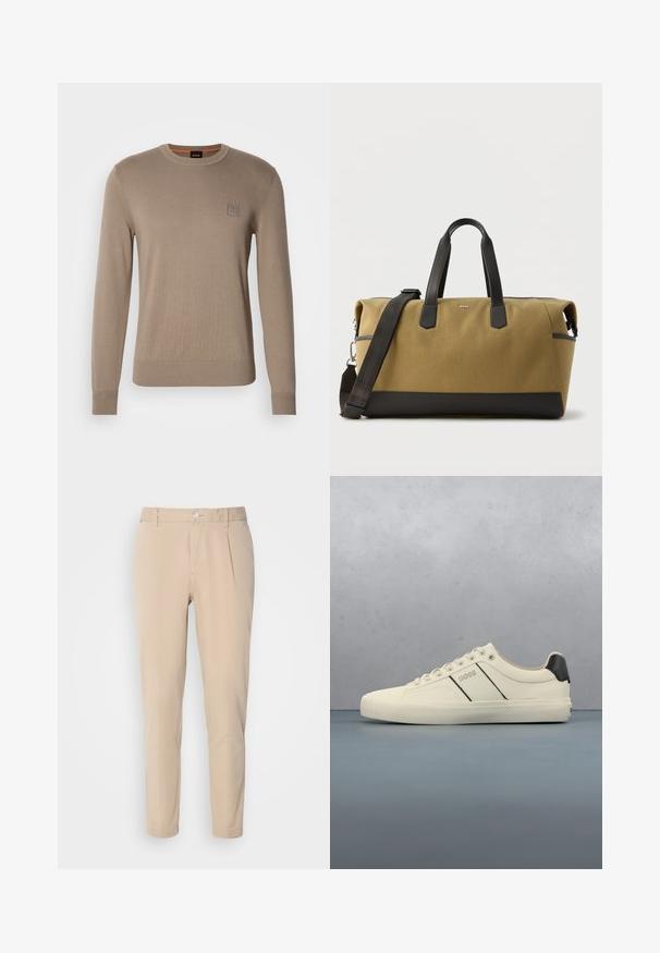 Herrebeige crewneck sweater med lange ærmer, ribbede manchetter og kant, med et lille firkantet logo på brystet.; Beige bukser med en slim fit, lavet af vævet materiale. Har en enkelt knaplukning, plisseret front og lige ben.; Cremefarvede sneakers med en glat tekstur, der har sorte accenter og branding. Klassisk snørebåndsdesign med rund tå og gummisål.; Stor duffeltaske i brun- og sort farve med bærehåndtag i sort læder og aftagelig skulderrem, rektangulær form, BOSS-logo på fronten.
