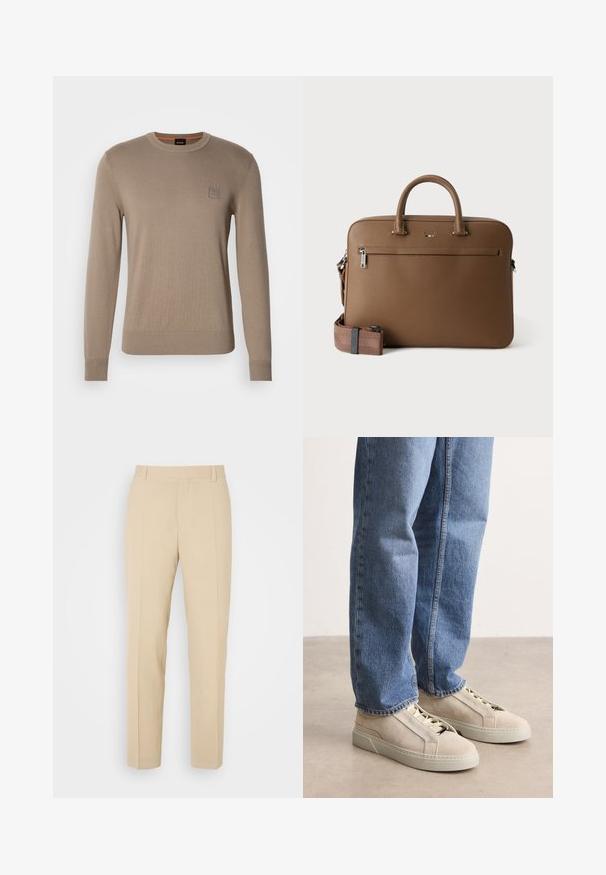 Beige crewneck trui voor heren met lange mouwen, geribbelde manchetten en zoom, voorzien van een klein vierkant logopatched op de borst.; Beige op maat gemaakte broek met een recht gesneden ontwerp, gemaakt van lichtgewicht stof, met twee voorzakken en nette, geplooide vouwen.; BOSS GARYTENN_SDHDEL - Sneakers laag - natural ten; Bruine leren aktetas met bovenhandvatten, voorvak met ritssluiting en afneembare bijpassende schouderriem op witte achtergrond.