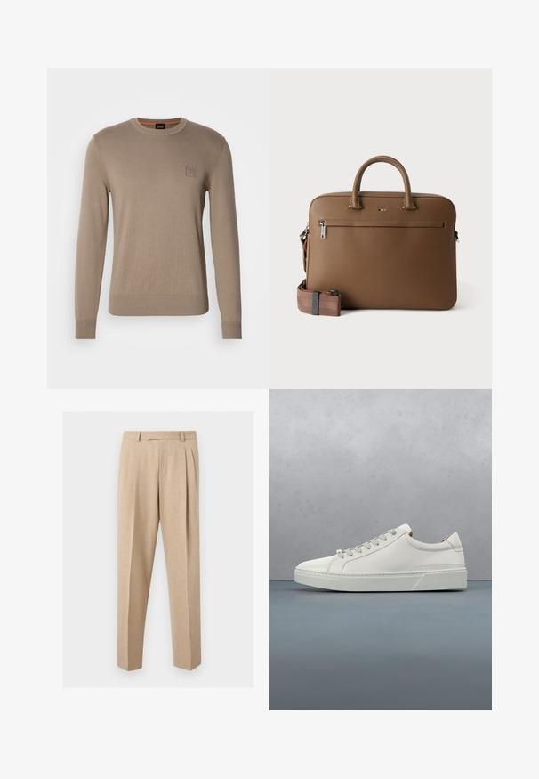Pull en beige pour homme avec col rond, manches longues, bords côtes aux poignets et à l'ourlet, arborant un petit patch logo carré sur la poitrine.; Pantalon beige sur mesure avec plis sur le devant, passants de ceinture et jambes droites, présenté sur un fond clair et uni.; Baskets en cuir blanc avec un bout arrondi, design minimaliste, lacets gris et semelle en caoutchouc gris texturé. Détails de couture subtils visibles.; Mallette en cuir marron avec poignées supérieures, poche avant zippée et bandoulière assortie amovible sur fond blanc.