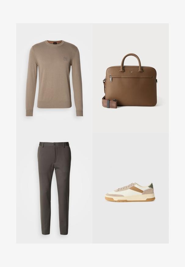 Beige crewneck trui voor heren met lange mouwen, geribbelde manchetten en zoom, voorzien van een klein vierkant logopatched op de borst.; Slim-fit broek in donkergrijze stof, met een vlakke voorkant, ceintuurlussen en een enkele knoopsluiting in de taille. Soepele textuur.; Sneakers in beige, crème en olijfgroen, met suede en leer, een ronde neus, een minimalistisch ontwerp en een rubberen zool.; Bruine leren aktetas met bovenhandvatten, voorvak met ritssluiting en afneembare bijpassende schouderriem op witte achtergrond.