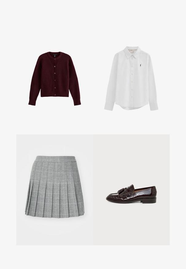 Cárdigan de punto burdeos con cuello redondo, mangas largas y seis botones a juego en la parte delantera. Textura suave y ajuste relajado.; Camisa blanca de manga larga con botones, cuello y pequeño logo bordado en negro de jugador de polo en el pecho izquierdo.; Falda plisada en tela gris con un patrón de cuadros. Presenta una pretina ajustada y múltiples pliegues verticales para un aspecto estructurado.; Mocasín de cuero marrón oscuro brillante con borlas, tacón bajo y detalles cosidos, mostrado desde el lado exterior sobre fondo liso.