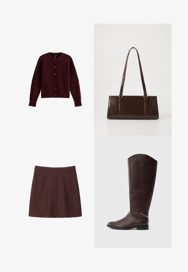 Gilet en maille bordeaux avec un col rond, des manches longues et six boutons assortis sur le devant. Texture douce et coupe décontractée.; Jupe marron en forme A, fabriquée en tissu doux, dotée d'une taille lisse et d'un design épuré, avec une finition sans couture.; Botte en cuir marron foncé montant jusqu'au genou, avec un talon plat et un petit charm argenté décoratif près de la cheville sur fond blanc.; Sac à main en cuir verni marron de forme rectangulaire, avec deux longues poignées et des accents courbés subtils à l'avant.