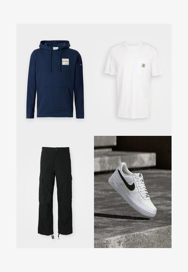Marineblå hættebluse lavet af bomuldsblanding, udstyret med en kangaroo-lomme foran, snøre og et lille logo-lap på brystet.; Hvid bomulds T-shirt med korte ærmer, en brystlomme, og et lille firkantet logo patch i orange og hvid på lommen.; Sorte cargo bukser lavet af slidstærkt stof, med to sidelommer, en knaplukning og justerbare nederste kanter for en løs og afslappet pasform.; Hvid Nike Air Force 1-sneaker med sort swoosh, snørebånd bundet, placeret i luften over tekstureret betonoverflade udendørs.