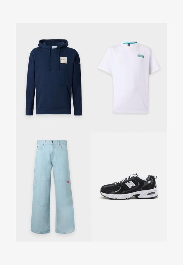 Sudadera con capucha de color azul marino, confeccionada en mezcla de algodón, que incluye un bolsillo frontal tipo canguro, cordones y un pequeño parche de logo en el pecho.; Camiseta blanca de manga corta con pequeño logo turquesa de The North Face en el pecho izquierdo y cuello redondo.; Vaqueros de pierna ancha en azul claro de mezclilla con parches contrastantes. Presentan un cierre frontal con botones y un pequeño parche con logo en el bolsillo lateral.; Zapatillas deportivas en negro y gris con parte superior de malla y ante, que cuentan con una entresuela blanca, cordones y un llamativo logo "N" en el lateral.