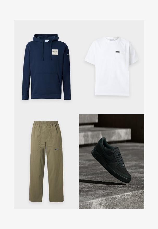 Sudadera con capucha de color azul marino, confeccionada en mezcla de algodón, que incluye un bolsillo frontal tipo canguro, cordones y un pequeño parche de logo en el pecho.; Camiseta blanca de manga corta con cuello redondo y pequeño bolsillo en el pecho con un parche negro del logo de Columbia.; Pantalones rectos de color verde oliva con cintura elástica, bolsillos frontales parche, cierre con botón y logo de Columbia en el bolsillo derecho.; Zapatilla Nike Air Force 1 negra con detalles de malla y cuero, suspendida sobre unos escalones de concreto texturizado con poca iluminación.
