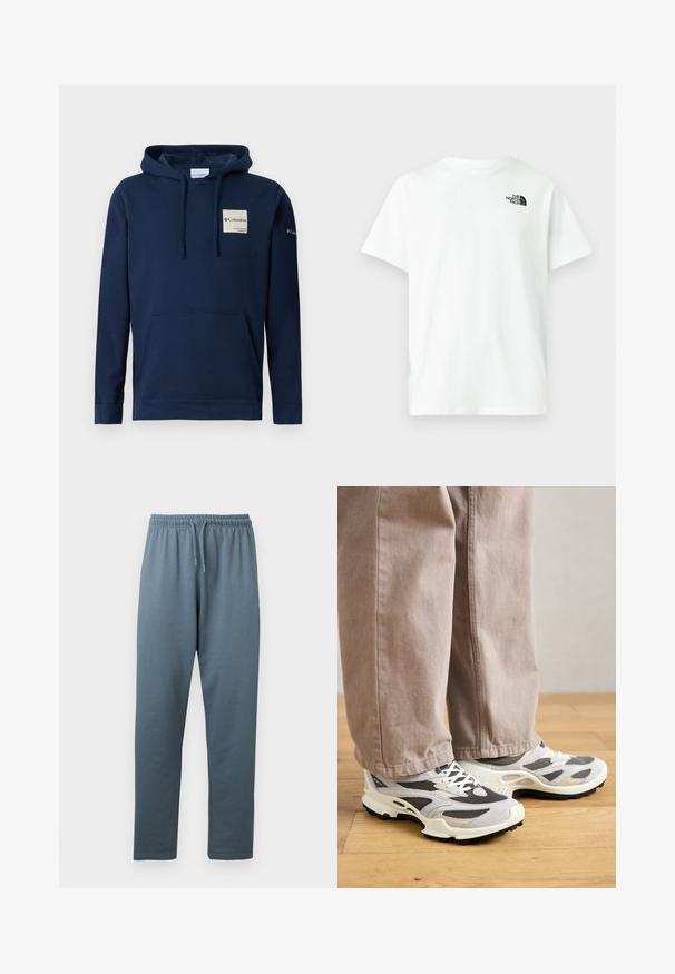 Dunkelblaues Kapuzensweatshirt aus Baumwollmischung, mit einer vorderen Kängurutasche, Kordeln und einem kleinen Logopatch auf der Brust.; Weißes Baumwoll-T-Shirt mit kurzen Ärmeln und Rundhalsausschnitt, mit kleinem schwarzem The North Face-Logo auf der linken Brust.; Blaugraue Sweatpants mit elastischem Bund, verstellbarem Kordelzug und geraden Beinen, dargestellt vor weißem Hintergrund.; Person, der beiger weit geschnittener Hose und grau-weißen Sneakern steht auf einem Holzboden.