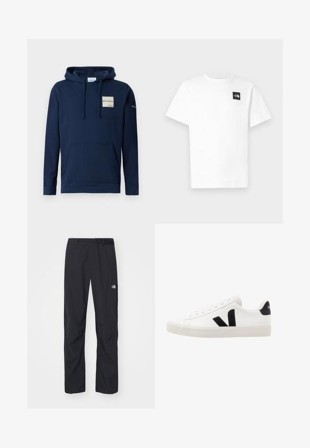 Sudadera con capucha de color azul marino, confeccionada en mezcla de algodón, que incluye un bolsillo frontal tipo canguro, cordones y un pequeño parche de logo en el pecho.; Camiseta blanca de algodón con mangas cortas, que presenta un logo cuadrado negro en el lado izquierdo del pecho y un diseño de cuello redondo.; The North Face ABUKUMA PANT - Pantalones - black; Zapatilla de cuero blanca con acentos de ante negro; presenta una suela de goma, puntera redonda y un diseño clásico de cordones. Logo lateral en negro.