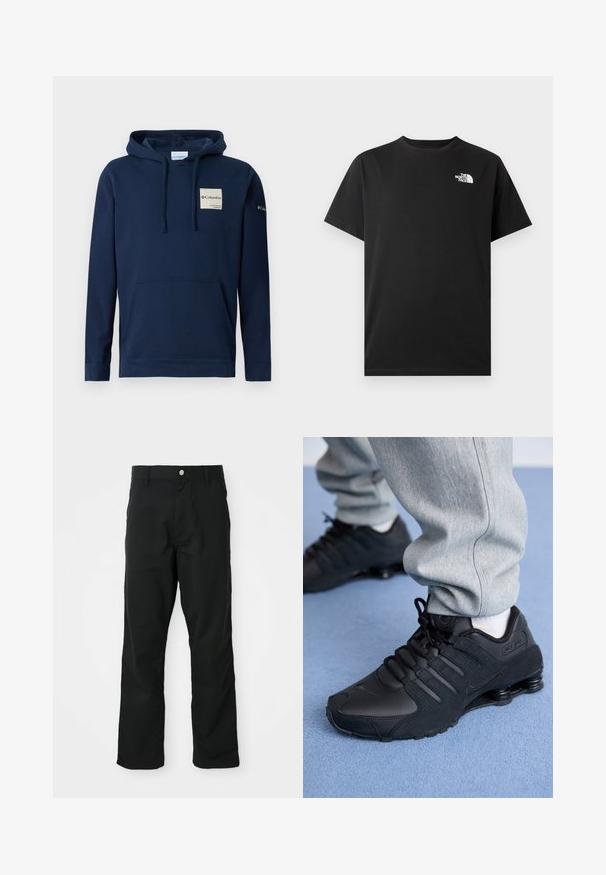 Sudadera con capucha de color azul marino, confeccionada en mezcla de algodón, que incluye un bolsillo frontal tipo canguro, cordones y un pequeño parche de logo en el pecho.; Camiseta de algodón negra con manga corta, cuello redondo y un pequeño logo blanco en el área del pecho izquierdo. Textura suave, ajuste estándar.; Pantalones rectos negros con cierre de botón y cremallera, lazos para cinturón y bolsillos laterales, exhibidos sobre un fondo blanco.; Persona vestida con zapatillas Nike Shox negras y pantalones de chándal grises, de pie sobre una alfombra azul claro.