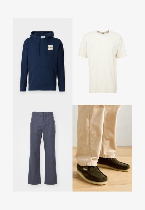 Sudadera con capucha de color azul marino, confeccionada en mezcla de algodón, que incluye un bolsillo frontal tipo canguro, cordones y un pequeño parche de logo en el pecho.; Camiseta de manga corta y cuello redondo en color crema claro. Fabricada con material de algodón suave, con un corte relajado y costuras mínimas.; Pantalones de pierna ancha en gris oscuro, fabricados en algodón. Con dos bolsillos delanteros y cierre de botón. Textura suave con un diseño casual.; Zapatos mocasines de ante verde con un detalle de cordones y suela de goma texturizada en color crema, combinados con pantalones de color beige claro.