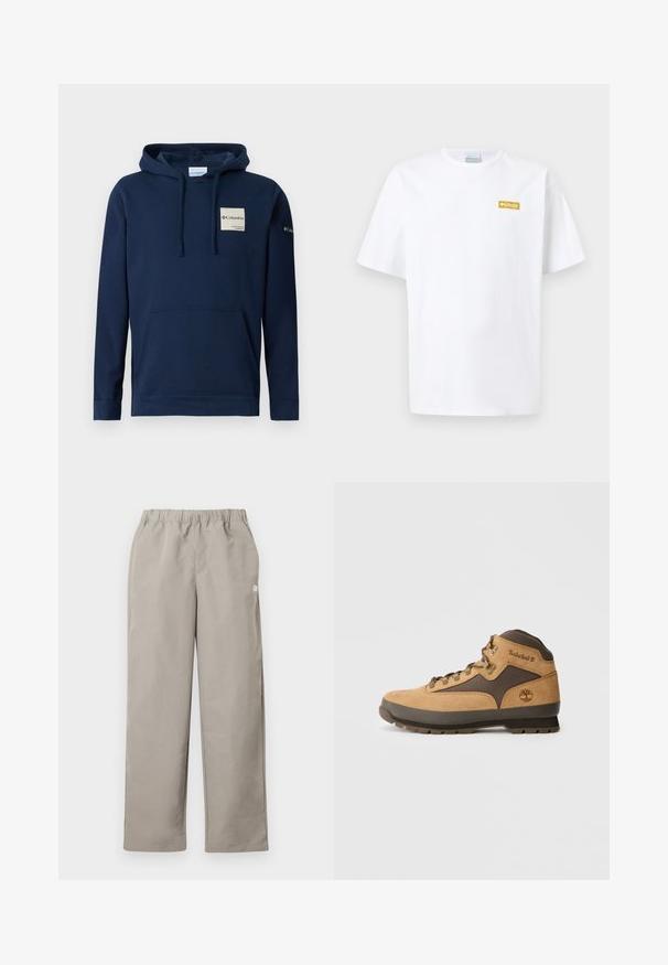 Sudadera con capucha de color azul marino, confeccionada en mezcla de algodón, que incluye un bolsillo frontal tipo canguro, cordones y un pequeño parche de logo en el pecho.; Camiseta blanca de manga corta con cuello redondo y un pequeño logo rectangular amarillo de Columbia Sportswear en el lado izquierdo del pecho.; Pantalones beige de corte recto con cinturilla elástica y un pequeño logo blanco en la costura lateral derecha.; Bota de senderismo de ante marrón con acentos en marrón oscuro, ojales de metal y suela antideslizante. Logo de Timberland grabado en el lateral. Diseño de media caña.