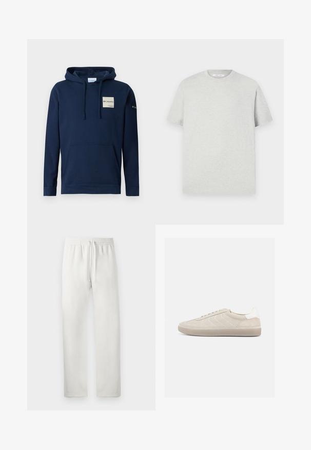 Sudadera con capucha de color azul marino, confeccionada en mezcla de algodón, que incluye un bolsillo frontal tipo canguro, cordones y un pequeño parche de logo en el pecho.; Camiseta de manga corta gris claro hecha de material suave, con cuello redondo y un corte relajado, sin patrones ni acentos visibles.; Pantalones de chándal blancos hechos de una tela suave, con una cinturilla elástica y cordón, piernas rectas y sin patrones ni acentos visibles.; Zapatilla beige de ante con parte superior texturizada, contrafuerte de talón blanco liso, cordones finos y suela de goma. Presenta un diseño de perfil bajo.