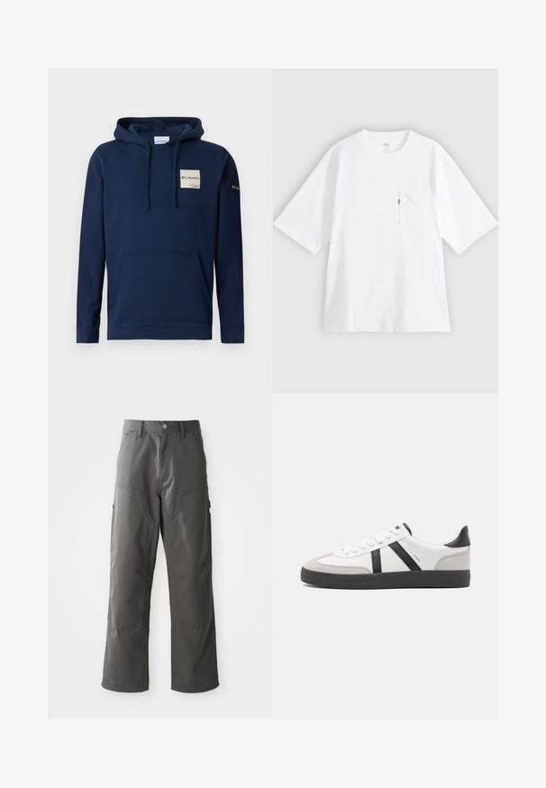 Sudadera con capucha de color azul marino, confeccionada en mezcla de algodón, que incluye un bolsillo frontal tipo canguro, cordones y un pequeño parche de logo en el pecho.; Camiseta blanca de algodón con mangas cortas, cuello redondo y bolsillo en el pecho izquierdo. Presenta una pequeña etiqueta con logo rojo en el bolsillo.; Pantalones cargo grises con un diseño de pierna recta, que cuentan con dos bolsillos frontales y bolsillos laterales adicionales para almacenamiento. Fabricados con un tejido duradero.; Zapatilla blanca con acentos en negro y gris, que presenta una puntera texturizada en gris, suela de goma negra y cordones planos blancos. Diseño limpio, estilo minimalista.