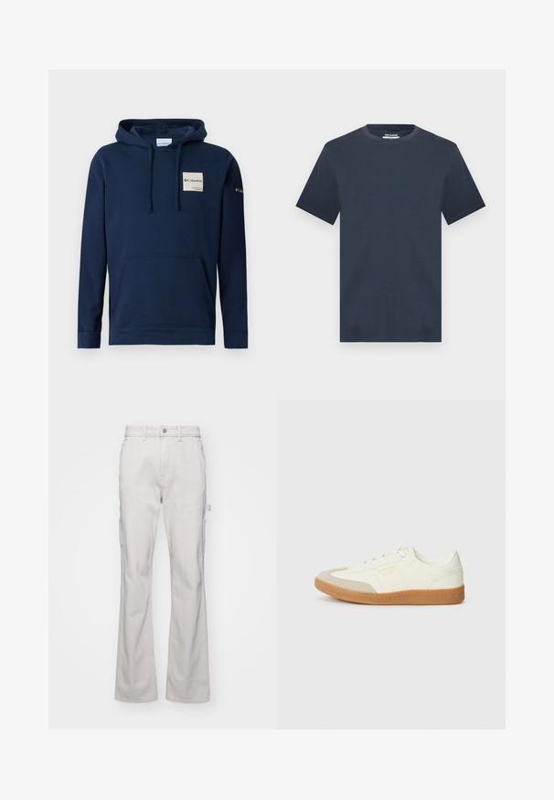 Dunkelblaues Kapuzensweatshirt aus Baumwollmischung, mit einer vorderen Kängurutasche, Kordeln und einem kleinen Logopatch auf der Brust.; Marineblaue T-Shirt mit kurzen Ärmeln und Rundhalsausschnitt in lässiger Passform, präsentiert vor einem hellgrauen Hintergrund.; Helle graue Cargo-Hosen mit geradem Bein-Design, ausgestattet mit Seitentaschen und einem Knopfverschluss. Hergestellt aus robustem, strukturiertem Stoff.; Sneaker aus weißem Leder mit einer beigen Zehenkappe und leichter brauner Gummisohle. Verfügt über flache weiße Schnürsenkel und geprägtes Branding an der Seite.