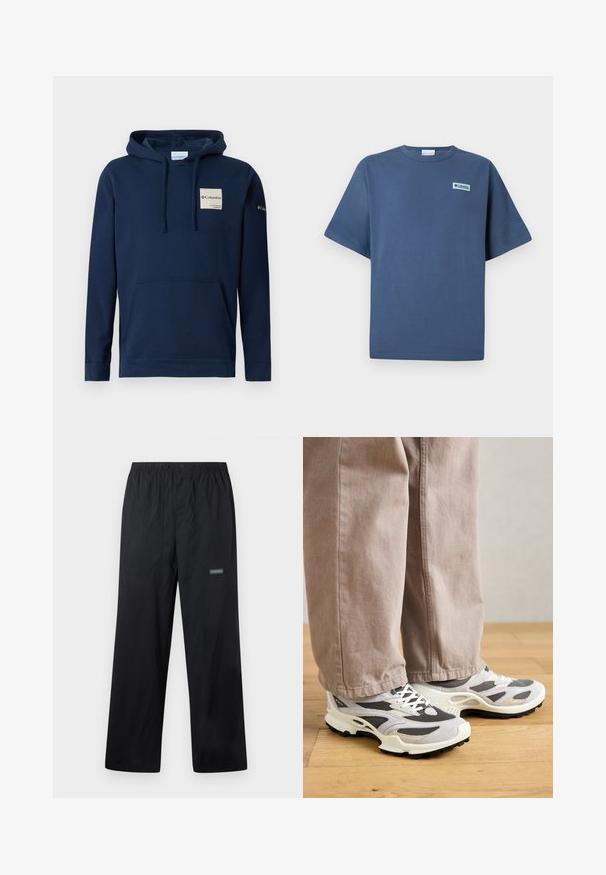Dunkelblaues Kapuzensweatshirt aus Baumwollmischung, mit einer vorderen Kängurutasche, Kordeln und einem kleinen Logopatch auf der Brust.; Blaues T-Shirt mit kurzen Ärmeln und Rundhalsausschnitt sowie kleinem rechteckigem Columbia Sportswear-Logo auf der linken Brust.; Schwarze, leichte Outdoor-Hose mit elastischem Bund, vorderem Knopf, zwei Fronttaschen und kleinem Columbia-Logo am rechten Oberschenkel.; Person, der beiger weit geschnittener Hose und grau-weißen Sneakern steht auf einem Holzboden.