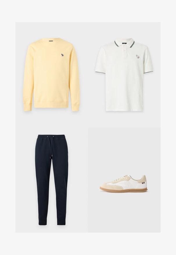 Sweat-shirt jaune clair à manches longues avec col rond et petit logo zèbre brodé sur la poitrine gauche.; Polo blanc manches courtes avec bordure verte sur le col et les manches, comportant un petit logo chien coloré sur le côté gauche de la poitrine.; Pantalon de jogging bleu marine fuselé avec taille élastique et cordon ajustable, poignets côtelés et poches latérales.; Baskets blanches avec accents en daim beige clair, détails perforés, lacets plats et semelle en caoutchouc naturel. Présentent un logo rayé sur le talon.