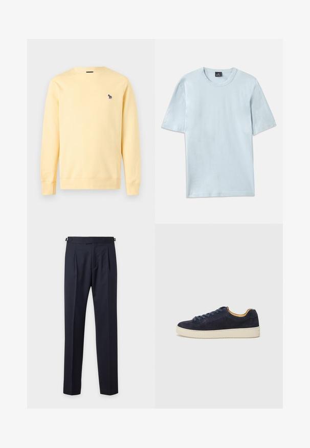 Sweat-shirt jaune clair à manches longues avec col rond et petit logo zèbre brodé sur la poitrine gauche.; T-shirt en coton bleu clair avec un col rond et des manches courtes. Le tissu a une texture lisse et un design à coupe décontractée.; Pantalon habillé bleu marine cintré avec plis, pattes latérales ajustables et coupe droite slim sur un fond clair uni.; Baskets basses en suede bleu marine avec bout arrondi, semelle en caoutchouc blanc cassé et lacets assortis ; dotées d'une doublure intérieure contrastante couleur tan.