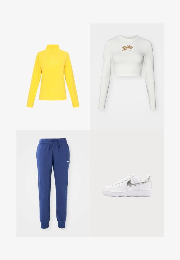 Pull jaune avec col montant et demi-fermeture éclair. Fabriqué en tissu doux, il présente des manches longues et une texture lisse sans motifs.; Crop top blanc à manches longues en tissu lisse, avec un imprimé doré du logo Nike sur la poitrine et un col rond classique.; Pantalons de survêtement Nike bleus avec taille élastique, cordon de serrage, chevilles côtelées et logo swoosh Nike blanc sur la cuisse gauche.; Baskets basses blanches avec le swoosh Nike argent métallisé et des lacets blancs sur un fond gris clair uni.