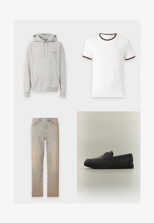 Lichtgrijze hoodie gemaakt van zachte stof, met een buidelzak, een capuchon met trekkoord en een subtiele "ALLSAINTS" logo op de borst.; Witte T-shirt met korte mouwen, voorzien van een bruine ribbelboord rond de hals en mouwranden, gemaakt van zacht katoen. Eenvoudig en klassiek ontwerp.; Licht beige denim jeans met een rechte snit. Voorzien van vijf zakken, een knoopsluiting en subtiele vervaging langs het oppervlak van de stof.; Zwarte casual leren loafer met veters en dikke rubberen zool, zijaanzicht op een neutrale achtergrond.