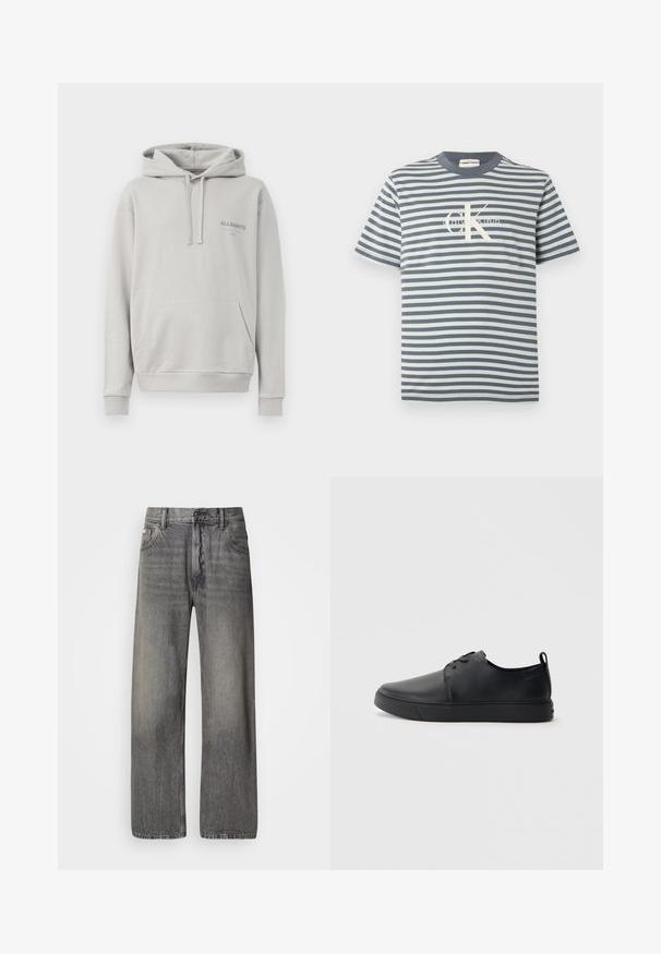 Lichtgrijze hoodie gemaakt van zachte stof, met een buidelzak, een capuchon met trekkoord en een subtiele "ALLSAINTS" logo op de borst.; Korte mouwen T-shirt met ronde hals, voorzien van horizontale grijs-witte strepen en een centraal wit Calvin Klein-logo.; Wijde jeans in donkergrijze denim met een vervaagde finish. Voorzien van een klassieke vijfzakkenontwerp en riemlussen.; Zwarte leren sneaker met een gladde afwerking, ronde neus, tonale stiknaden, vetersluiting aan de voorkant en een vlakke rubberen zool. Lussje aan de hak.