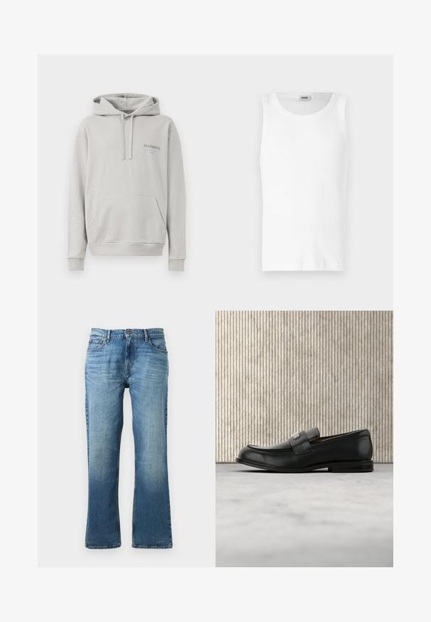 Sudadera gris claro hecha de una tela suave, con un bolsillo tipo canguro, capucha con cordón y sutil logo "ALLSAINTS" en el pecho.; Camiseta sin mangas de algodón blanco con cuello redondo y una textura suave. Diseño sencillo, sin patrones ni acentos.; Jeans de mezclilla azul claro con corte recto, que presentan un acabado desgastado, cinco bolsillos y un cierre de botón con herrajes de metal.; Mocasín de cuero negro con una placa metálica de marca apoyado cerca de una mesa redonda marrón sobre un suelo alfombrado beige.