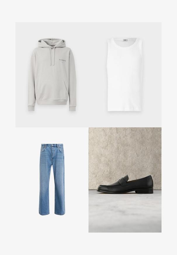 Lysegrå hættejakke lavet af blødt materiale, med en kængurulomme, snøre i hætten og et diskret "ALLSAINTS" logo på brystet.; Hvid bomulds tanktop uden ærmer med rund halsudskæring og en glat tekstur. Enkel design, ingen mønstre eller accenter.; Lyseblå denim jeans med lige ben-design, fem lommer, knaplukning, minimal falming og kontraststingdetaljer.; Sort lædersko i loafer-stil svæver over et beige tæppe med et blankt brunt rundt bord i baggrunden.